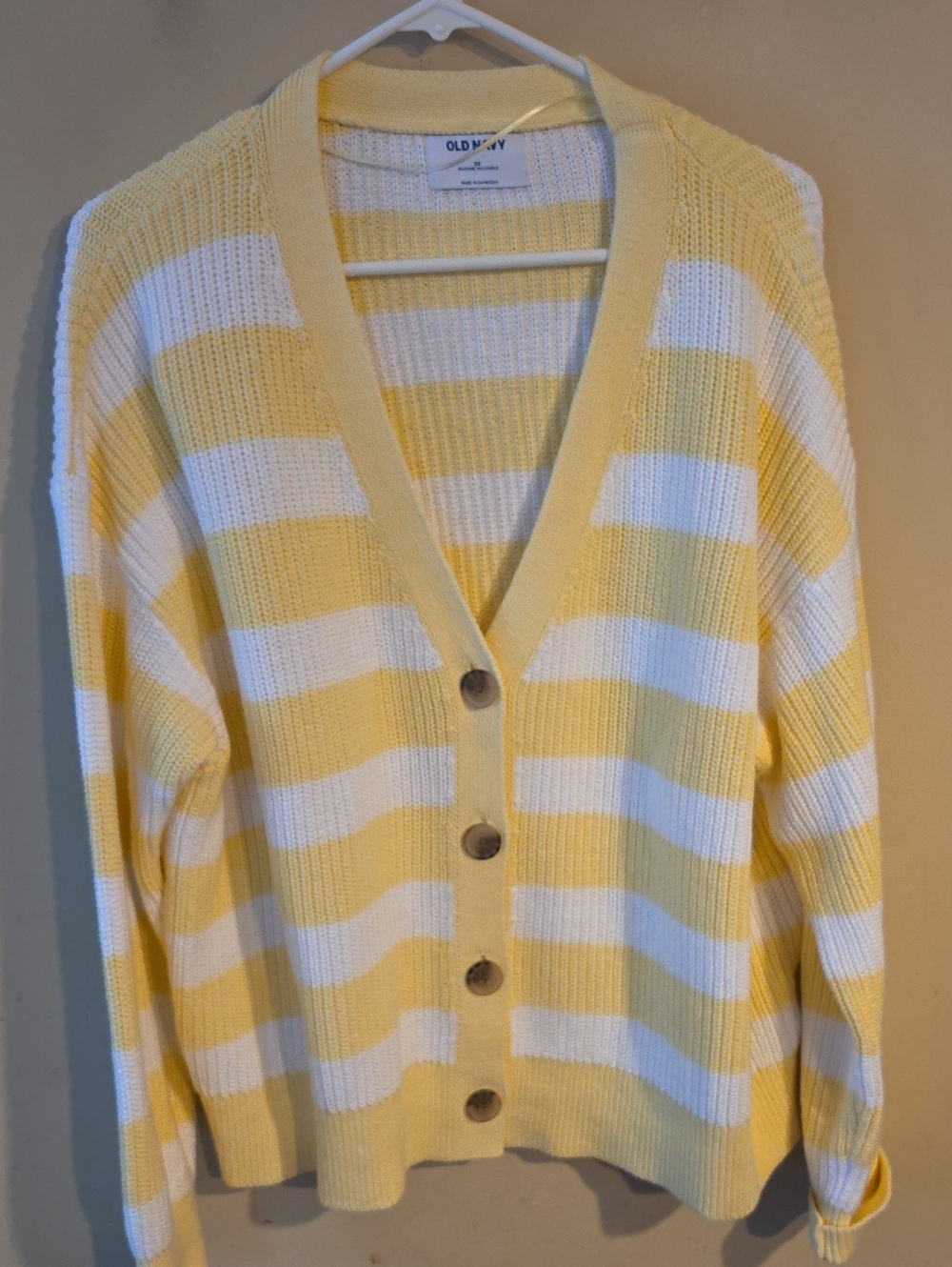 Old Navy Yellow and White Striped V-Neck Button Cardigan